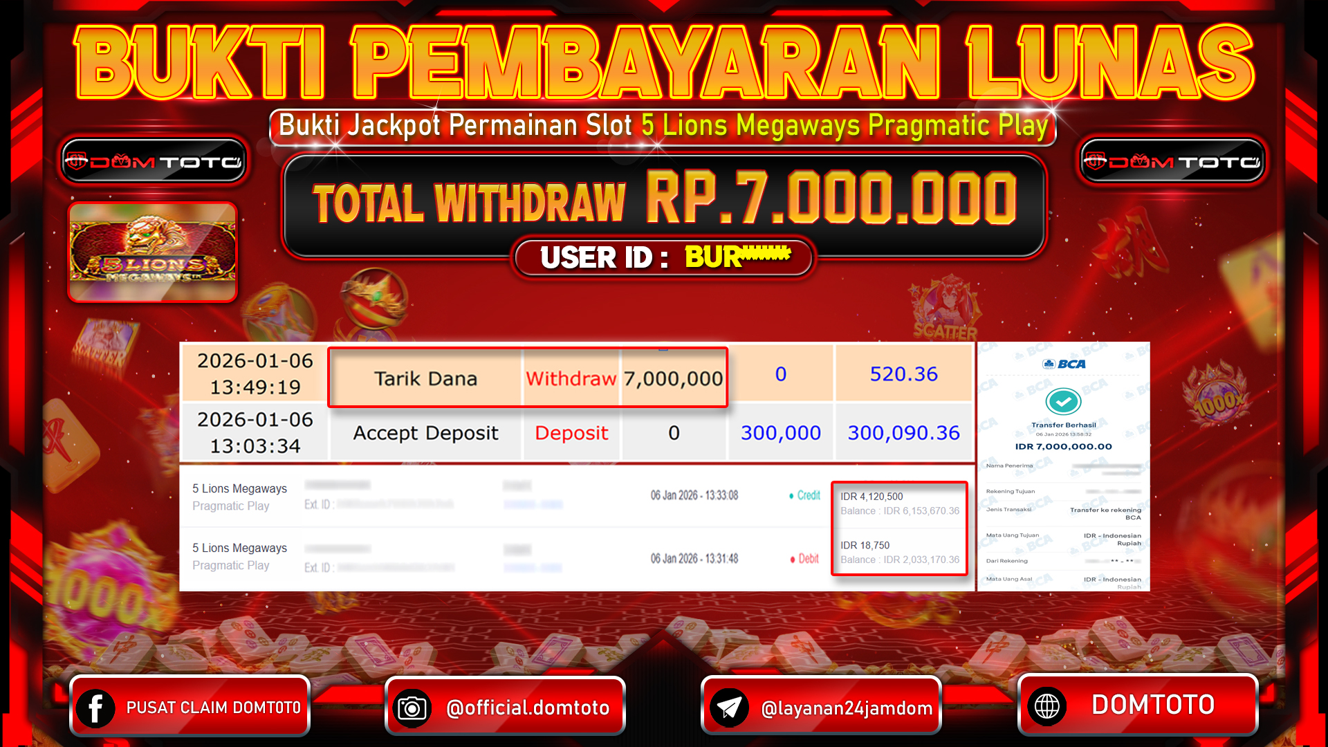 JACKPOT SLOT 5 Lions Megaways Pragmatic Play 6 JANUARI 2026